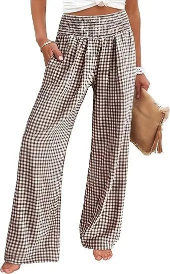 Pantalones Anchos de Cintura Media con Estampado Informal a Cuadros, de Algodón y Cáñamo, para Mujer, Primavera/Verano 2026