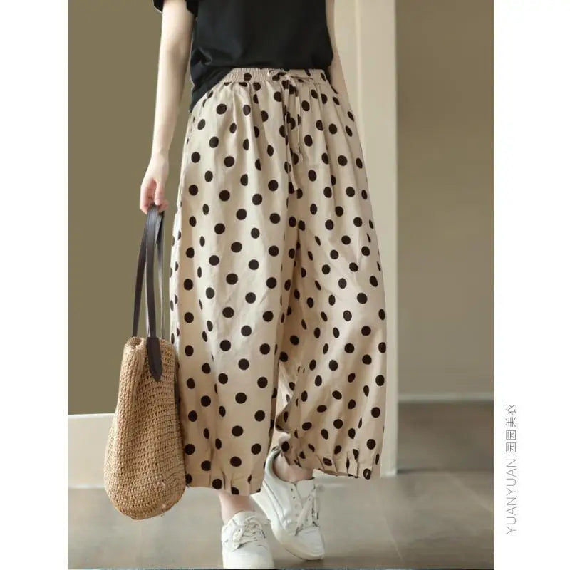 Pantalones de pierna ancha de lunares para mujer, novedad de verano, pantalones cortos informales finos y sueltos