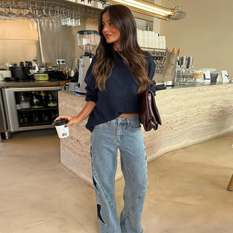 Moda mujer diamante estrella azul Jeans cintura alta bolsillos cremallera pierna ancha Denim pantalón 2026 primavera señora calle todo-fósforo pantalón