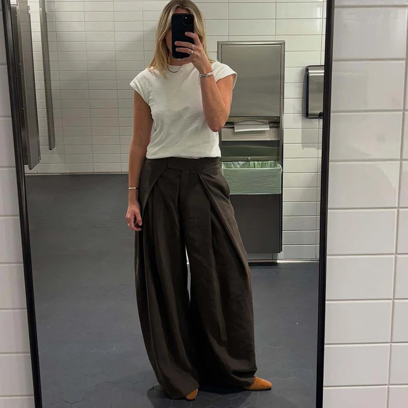 Pantalones anchos plisados HXAO para mujer, pantalones de traje holgados para mujer, pantalones beige de cintura alta para oficina y trabajo, pantalones de pierna ancha oversize para primavera