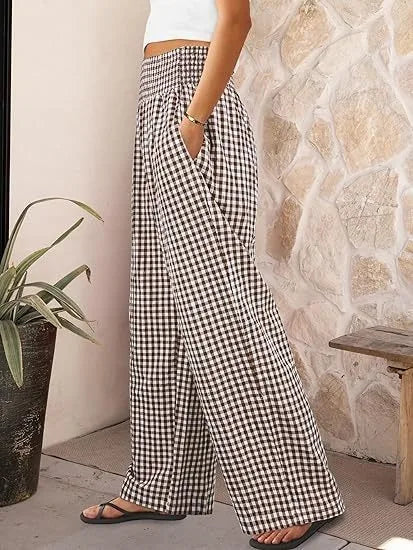 Pantalones Anchos de Cintura Media con Estampado Informal a Cuadros, de Algodón y Cáñamo, para Mujer, Primavera/Verano 2026