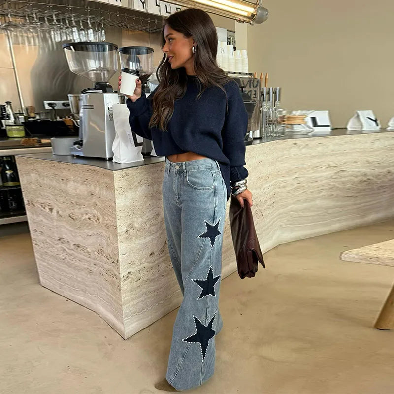 Moda mujer diamante estrella azul Jeans cintura alta bolsillos cremallera pierna ancha Denim pantalón 2026 primavera señora calle todo-fósforo pantalón