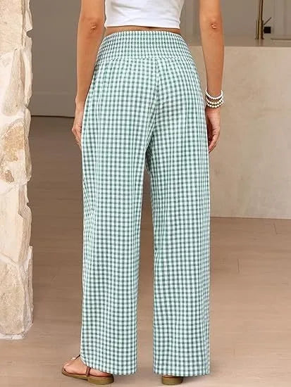 Pantalones Anchos de Cintura Media con Estampado Informal a Cuadros, de Algodón y Cáñamo, para Mujer, Primavera/Verano 2026