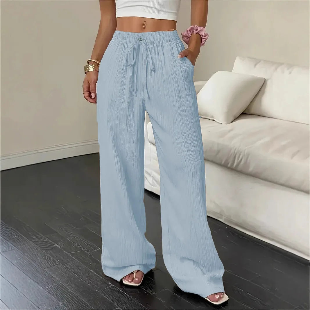 Pantalones de Moda Texturizados de Color Sólido, Pantalones Rectos con Cordones en la Cintura y Bolsillos para Mujer, Primavera-Verano, Ropa Mujer