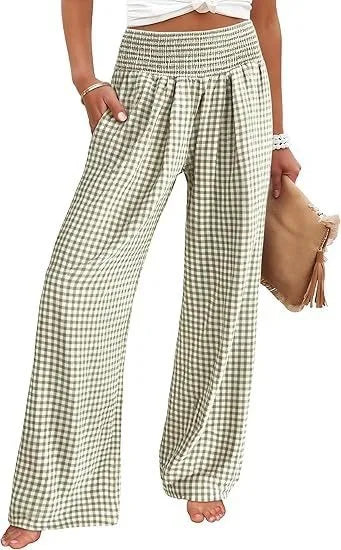 Pantalones Anchos de Cintura Media con Estampado Informal a Cuadros, de Algodón y Cáñamo, para Mujer, Primavera/Verano 2026