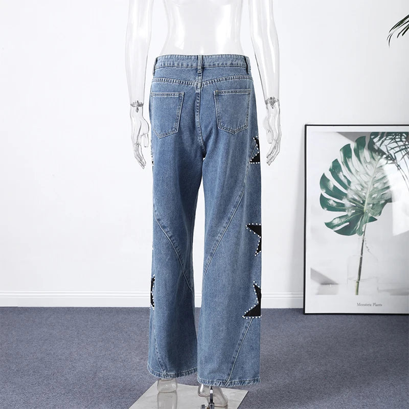 Moda mujer diamante estrella azul Jeans cintura alta bolsillos cremallera pierna ancha Denim pantalón 2026 primavera señora calle todo-fósforo pantalón