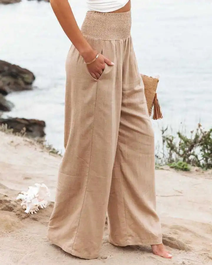 Pantalones casuales de mujer con cordón, cintura media, pierna ancha de playa, primavera y verano, pantalones europeos y americanos