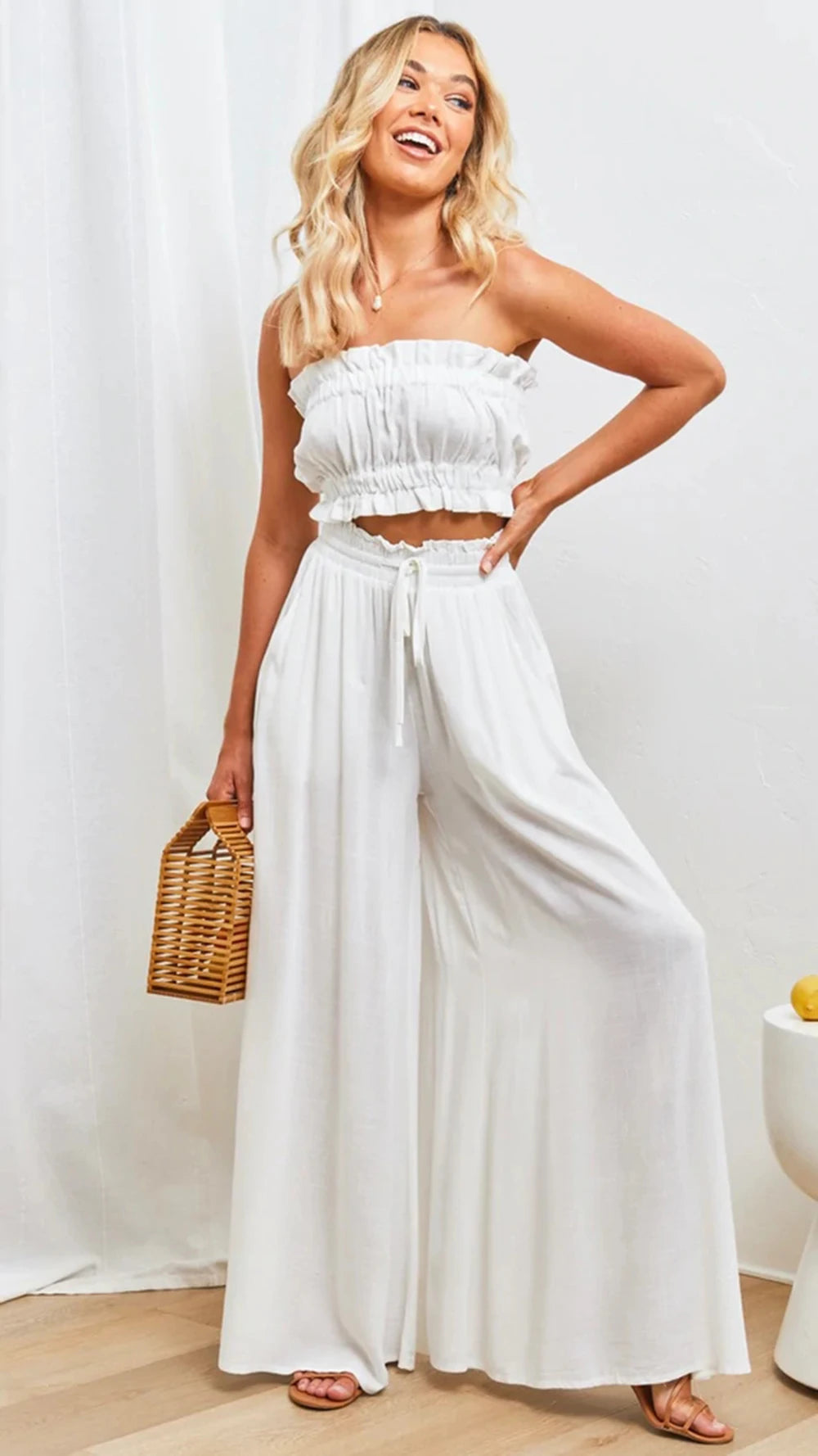 Pantalones de pierna ancha de verano para mujer con cintura elástica