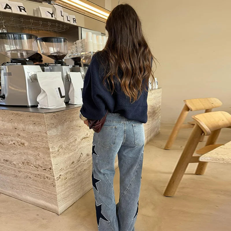 Moda mujer diamante estrella azul Jeans cintura alta bolsillos cremallera pierna ancha Denim pantalón 2026 primavera señora calle todo-fósforo pantalón