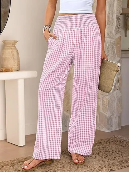 Pantalones Anchos de Cintura Media con Estampado Informal a Cuadros, de Algodón y Cáñamo, para Mujer, Primavera/Verano 2026