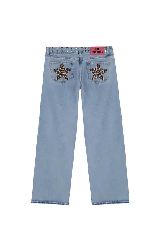 Y2k One Dilemma pantalones vaqueros con estampado de leopardo y estrellas, pantalones vaqueros de pierna ancha, ropa de calle, pantalones vaqueros holgados de cintura alta, ropa gótica Harajuku para mujer
