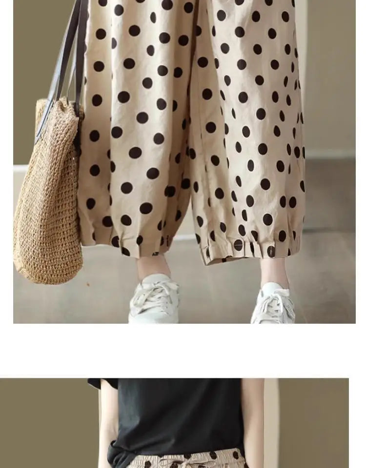 Pantalones de pierna ancha de lunares para mujer, novedad de verano, pantalones cortos informales finos y sueltos