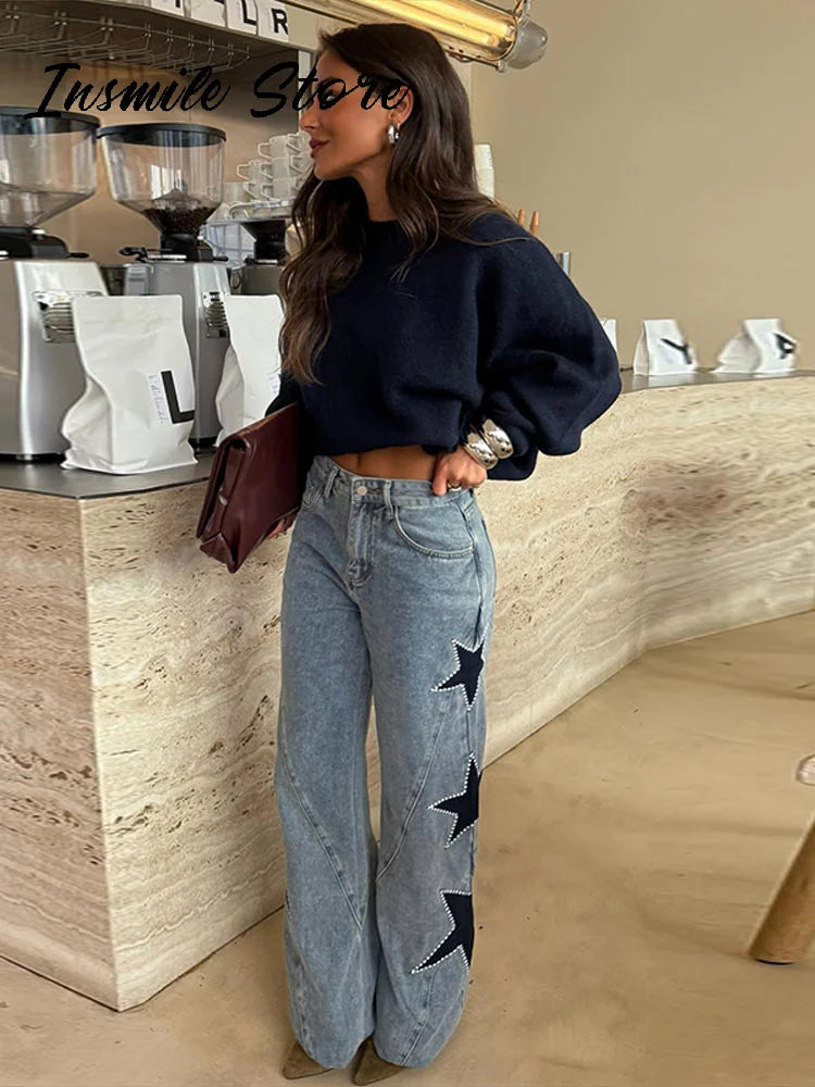 Moda mujer diamante estrella azul Jeans cintura alta bolsillos cremallera pierna ancha Denim pantalón 2026 primavera señora calle todo-fósforo pantalón