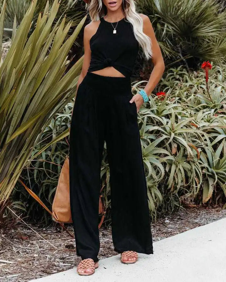 Pantalones casuales de mujer con cordón, cintura media, pierna ancha de playa, primavera y verano, pantalones europeos y americanos