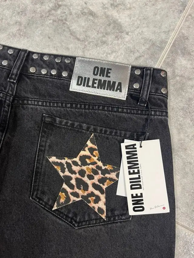 Y2k One Dilemma pantalones vaqueros con estampado de leopardo y estrellas, pantalones vaqueros de pierna ancha, ropa de calle, pantalones vaqueros holgados de cintura alta, ropa gótica Harajuku para mujer