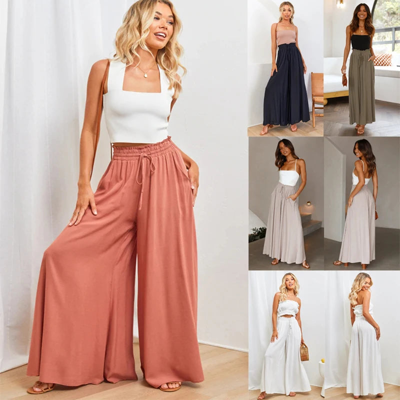 Pantalones de pierna ancha de verano para mujer con cintura elástica