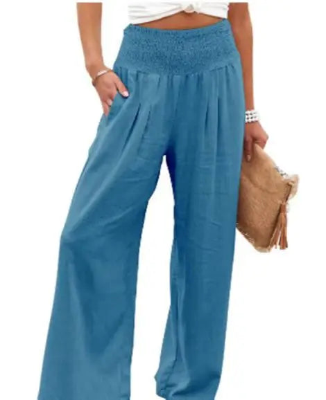 Pantalones casuales de mujer con cordón, cintura media, pierna ancha de playa, primavera y verano, pantalones europeos y americanos
