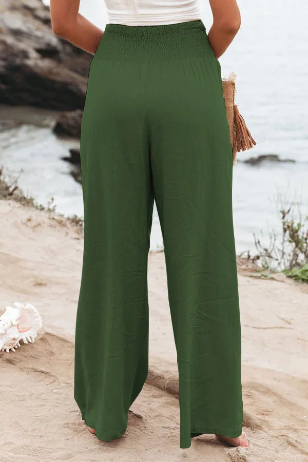 Pantalones casuales de mujer con cordón, cintura media, pierna ancha de playa, primavera y verano, pantalones europeos y americanos