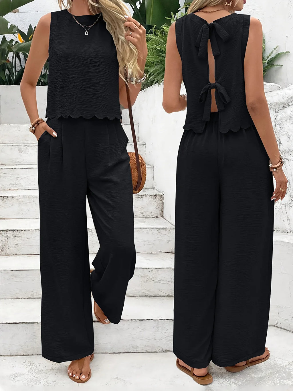 Conjunto de dos piezas con corbata de lino estilo dinero antiguo para todos los días, Top sin mangas y pantalones recortados con concha, verano para mujer