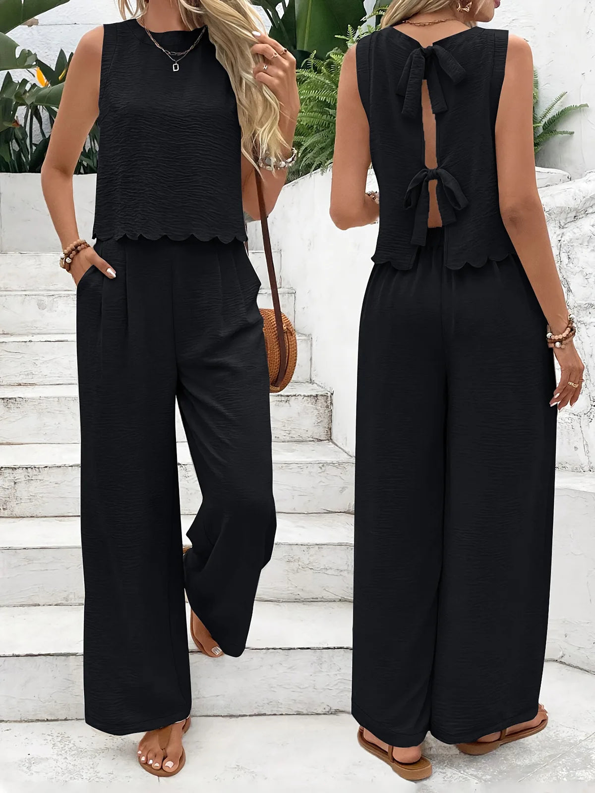 Conjunto de dos piezas con corbata de lino estilo dinero antiguo para todos los días, Top sin mangas y pantalones recortados con concha, verano para mujer