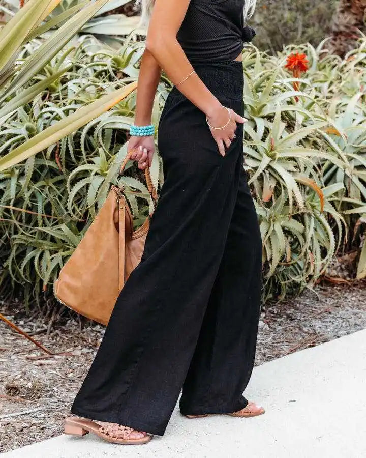 Pantalones casuales de mujer con cordón, cintura media, pierna ancha de playa, primavera y verano, pantalones europeos y americanos