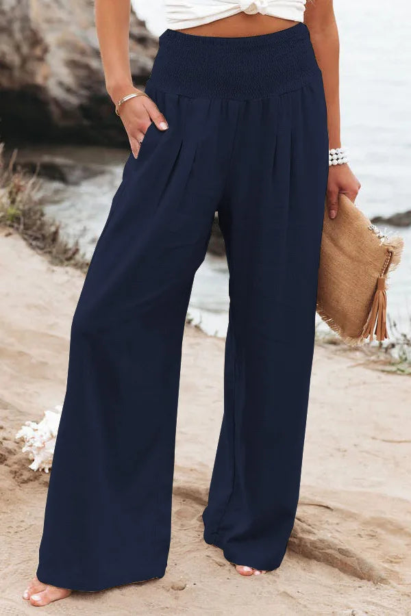 Pantalones casuales de mujer con cordón, cintura media, pierna ancha de playa, primavera y verano, pantalones europeos y americanos