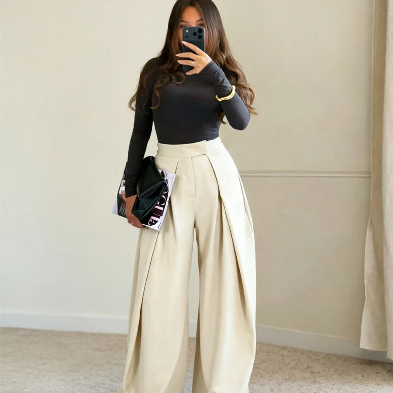 Pantalones anchos plisados HXAO para mujer, pantalones de traje holgados para mujer, pantalones beige de cintura alta para oficina y trabajo, pantalones de pierna ancha oversize para primavera
