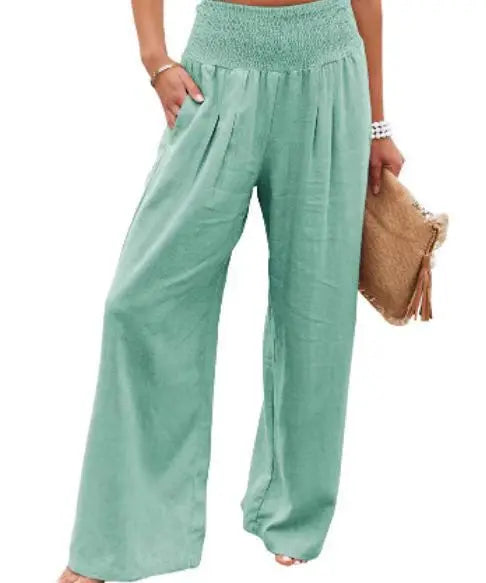 Pantalones casuales de mujer con cordón, cintura media, pierna ancha de playa, primavera y verano, pantalones europeos y americanos