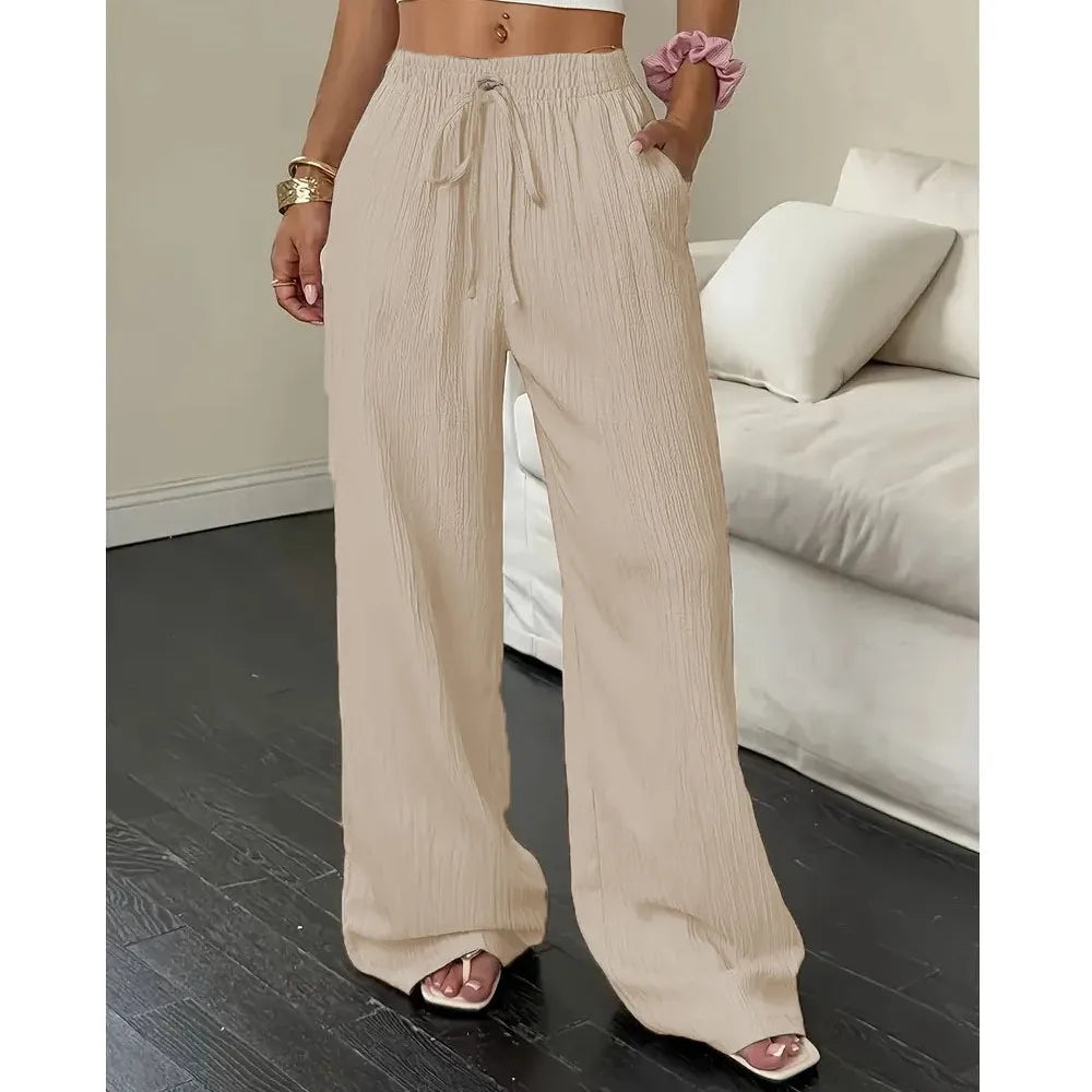 Pantalones de Moda Texturizados de Color Sólido, Pantalones Rectos con Cordones en la Cintura y Bolsillos para Mujer, Primavera-Verano, Ropa Mujer