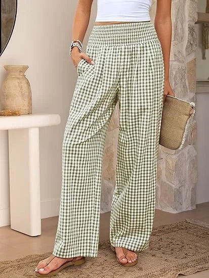 Pantalones Anchos de Cintura Media con Estampado Informal a Cuadros, de Algodón y Cáñamo, para Mujer, Primavera/Verano 2026