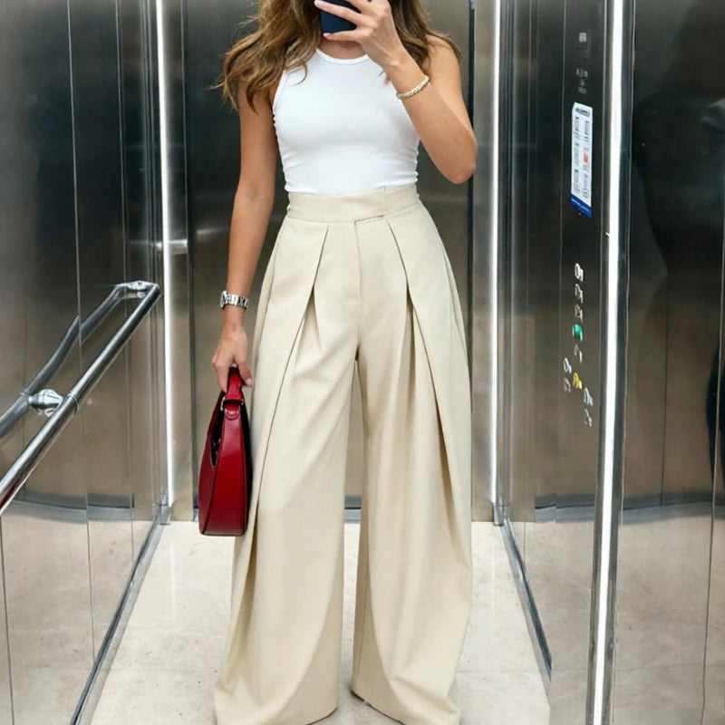 Pantalones anchos plisados HXAO para mujer, pantalones de traje holgados para mujer, pantalones beige de cintura alta para oficina y trabajo, pantalones de pierna ancha oversize para primavera