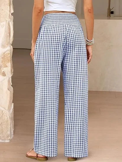 Pantalones Anchos de Cintura Media con Estampado Informal a Cuadros, de Algodón y Cáñamo, para Mujer, Primavera/Verano 2026