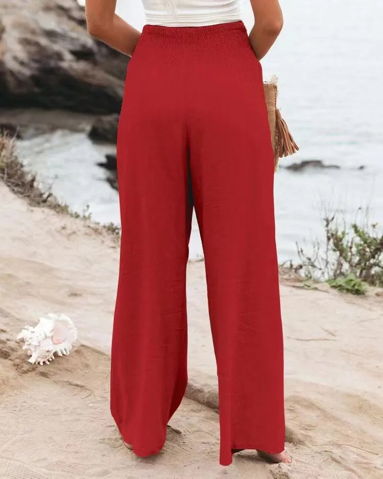Pantalones casuales de mujer con cordón, cintura media, pierna ancha de playa, primavera y verano, pantalones europeos y americanos