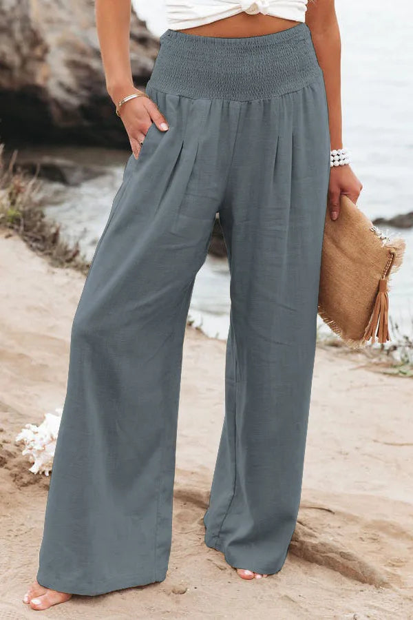 Pantalones casuales de mujer con cordón, cintura media, pierna ancha de playa, primavera y verano, pantalones europeos y americanos