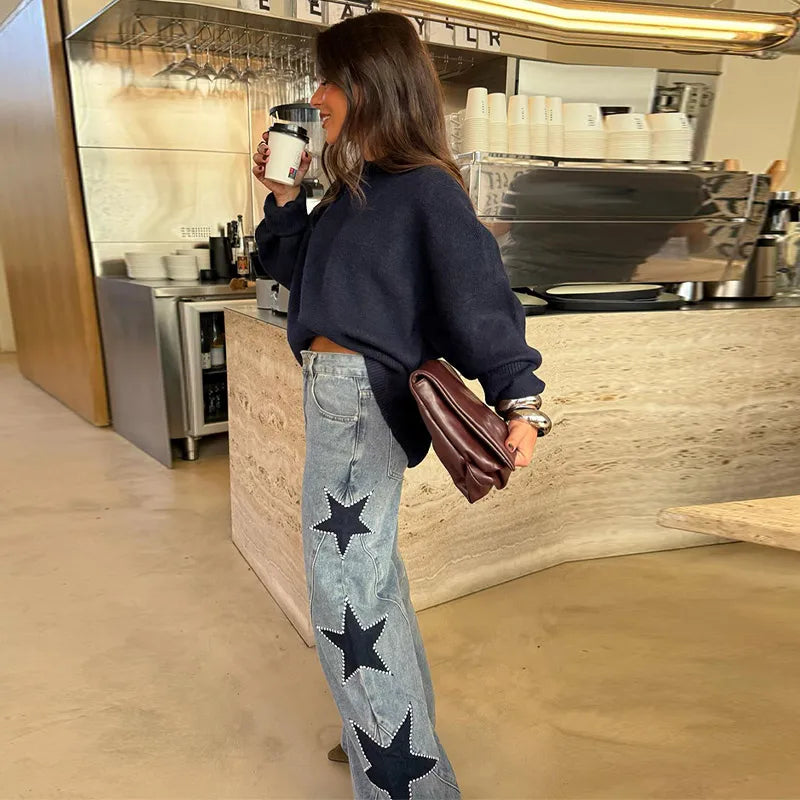 Moda mujer diamante estrella azul Jeans cintura alta bolsillos cremallera pierna ancha Denim pantalón 2026 primavera señora calle todo-fósforo pantalón