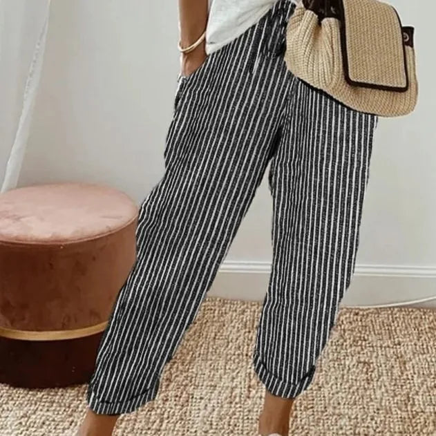 Pantalones informales con cordón de cintura elástica y estampado de rayas holgadas a la moda para mujer transfronteriza europea y americana novedad de verano