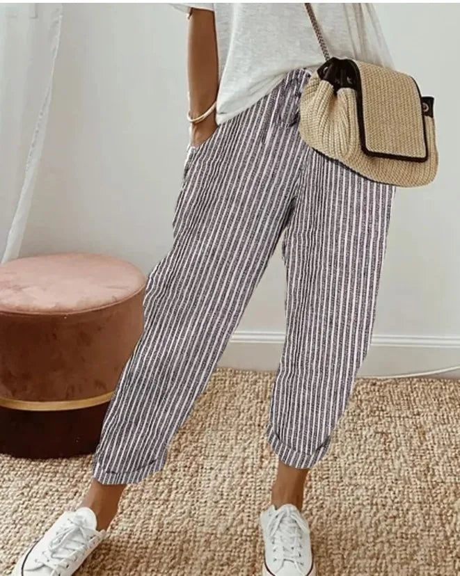 Pantalones informales con cordón de cintura elástica y estampado de rayas holgadas a la moda para mujer transfronteriza europea y americana novedad de verano