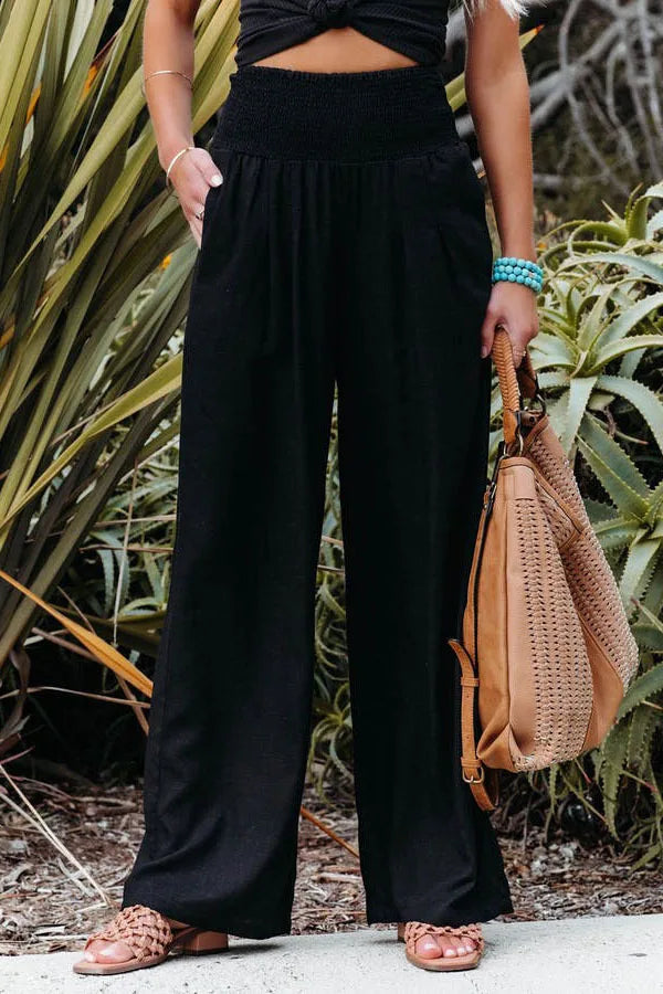 Pantalones casuales de mujer con cordón, cintura media, pierna ancha de playa, primavera y verano, pantalones europeos y americanos