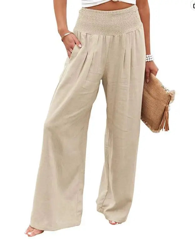 Pantalones casuales de mujer con cordón, cintura media, pierna ancha de playa, primavera y verano, pantalones europeos y americanos