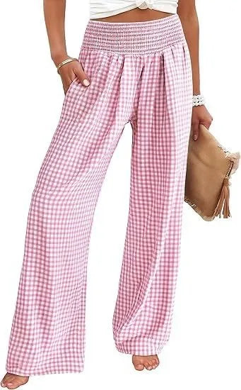 Pantalones Anchos de Cintura Media con Estampado Informal a Cuadros, de Algodón y Cáñamo, para Mujer, Primavera/Verano 2026