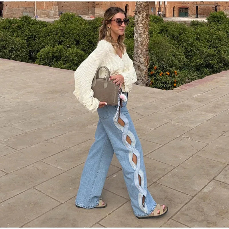 Moda mujer diamante estrella azul Jeans cintura alta bolsillos cremallera pierna ancha Denim pantalón 2026 primavera señora calle todo-fósforo pantalón