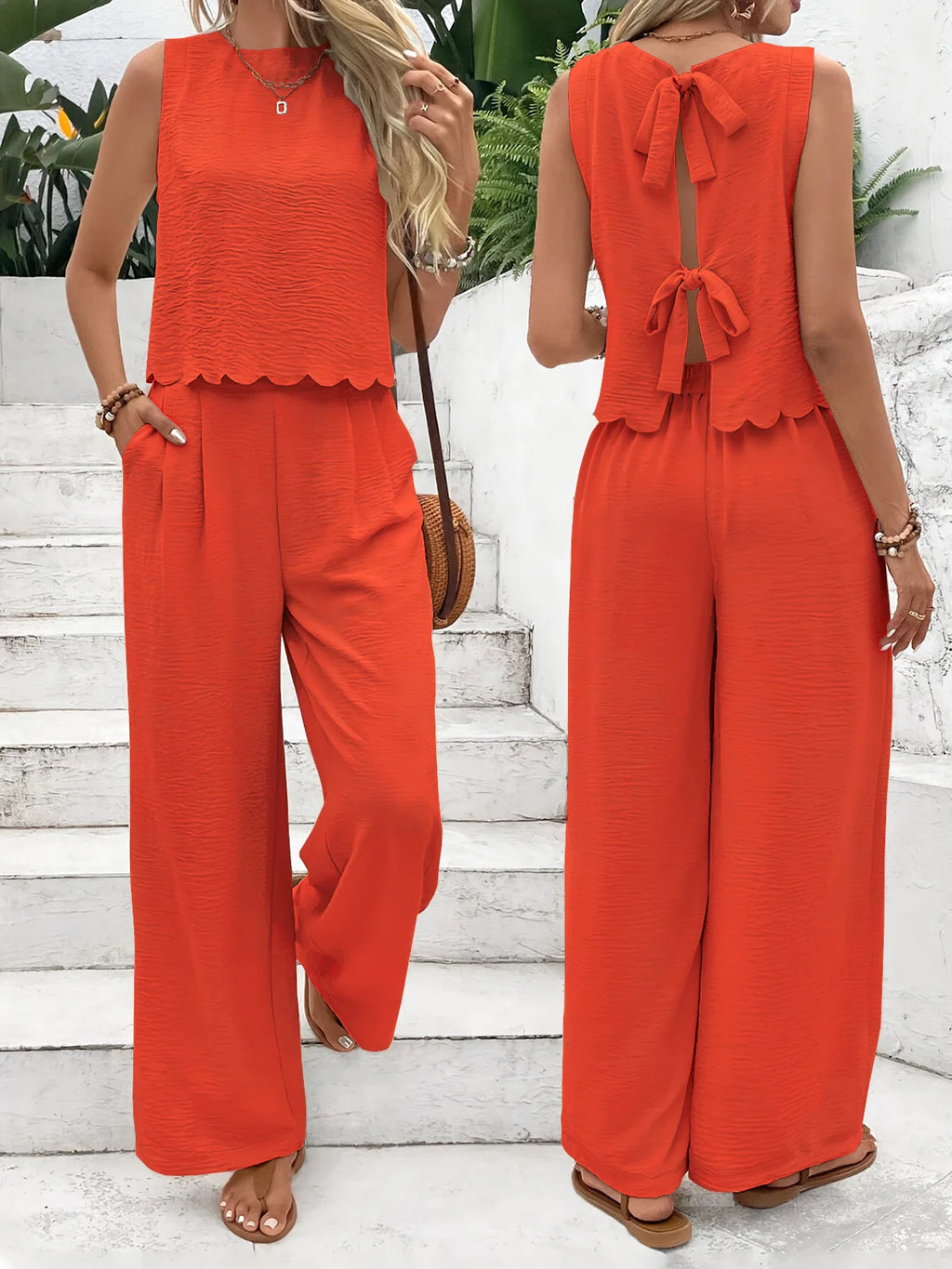 Conjunto de dos piezas con corbata de lino estilo dinero antiguo para todos los días, Top sin mangas y pantalones recortados con concha, verano para mujer
