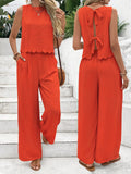 Conjunto de dos piezas con corbata de lino estilo dinero antiguo para todos los días, Top sin mangas y pantalones recortados con concha, verano para mujer