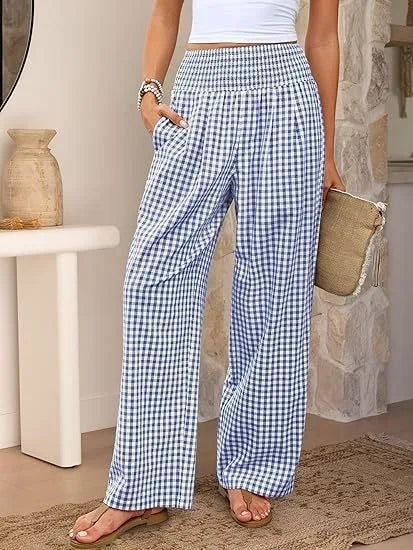 Pantalones Anchos de Cintura Media con Estampado Informal a Cuadros, de Algodón y Cáñamo, para Mujer, Primavera/Verano 2026