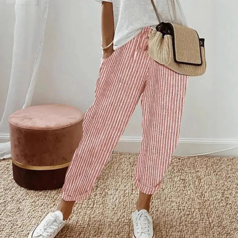 Pantalones informales con cordón de cintura elástica y estampado de rayas holgadas a la moda para mujer transfronteriza europea y americana novedad de verano