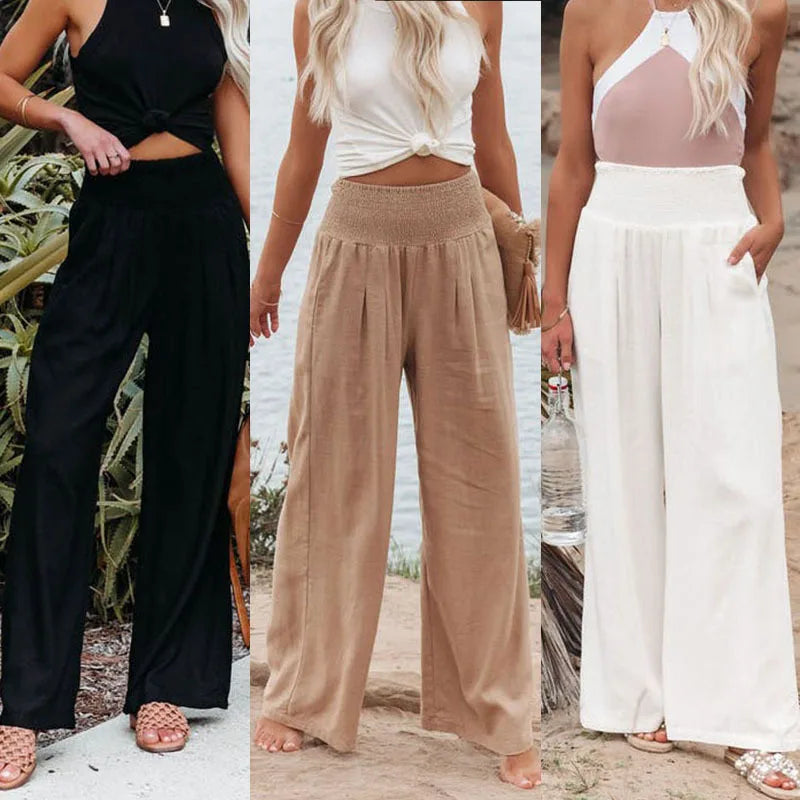 Pantalones casuales de mujer con cordón, cintura media, pierna ancha de playa, primavera y verano, pantalones europeos y americanos