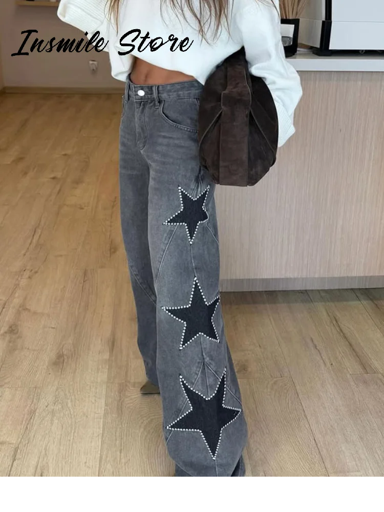 Moda mujer diamante estrella azul Jeans cintura alta bolsillos cremallera pierna ancha Denim pantalón 2026 primavera señora calle todo-fósforo pantalón