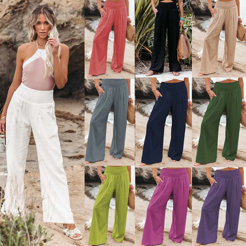 Pantalones casuales de mujer con cordón, cintura media, pierna ancha de playa, primavera y verano, pantalones europeos y americanos