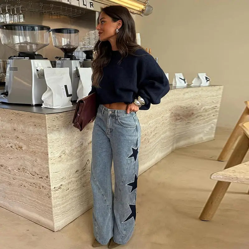 Moda mujer diamante estrella azul Jeans cintura alta bolsillos cremallera pierna ancha Denim pantalón 2026 primavera señora calle todo-fósforo pantalón