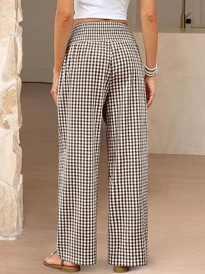 Pantalones Anchos de Cintura Media con Estampado Informal a Cuadros, de Algodón y Cáñamo, para Mujer, Primavera/Verano 2026